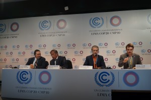 Honduran environmental vice minister Carlos Padilla, Philippine climate commissioner Heherson Alvarez, and Christopher Bals and Sönke Kreft of Germanwatch at the panel of yesterday's Climate Risk Index launch. (Germanwatch)